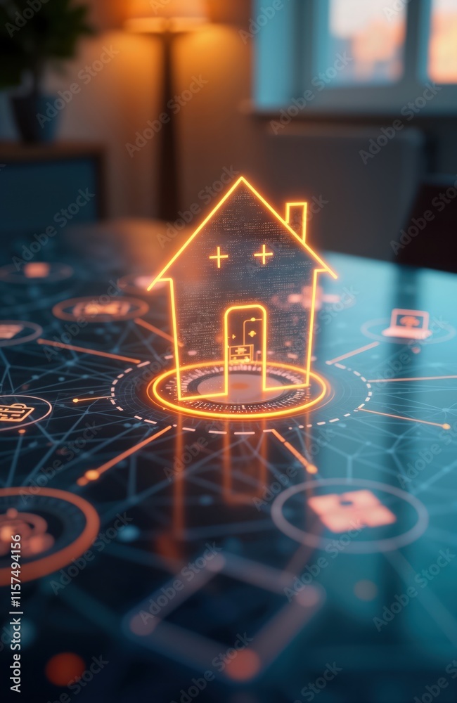 Aufkleber Virtual house icon displayed on futuristic interface. Smart home management system. Modern tech. Wireless connection. Home automation concept. Digital illustration network of connected devices.