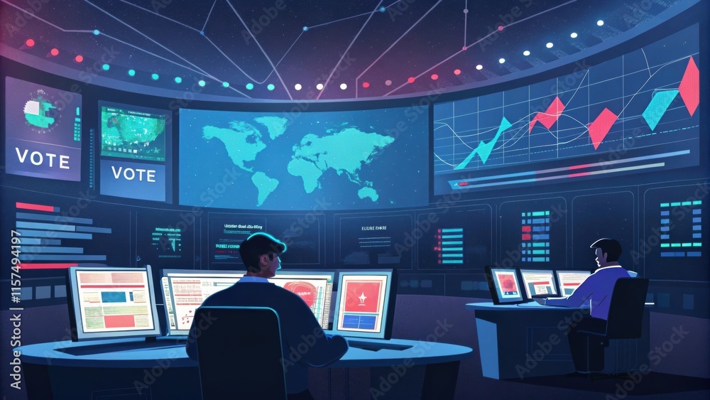 Poster political scientists collaborating in a high tech control room, monitoring global election results o