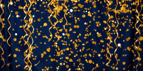 Golden ribbons and confetti falling on a dark blue background, celebrating a joyous occasion