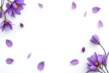 Purple violet flowers on white background with space for text flat lay top view for text or lettering