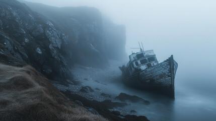 Wrak statku spoczywający na brzegu wśr&oacute;d gęstej mgły, kt&oacute;ra otacza krajobraz, emanując aurą grozy i zapomnianej historii.