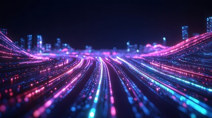 Fototapeta premium Dynamic light trails showcasing digital connectivity in a futuristic cityscape at night