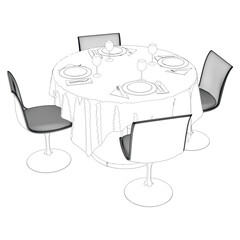 Restaurant furniture, Trendy dinner table and chairs set hand drawn outline doodle icon. Flat design. Vector sketch illustration for print, mobile graphic and infographics isolated on white background