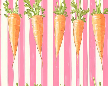 Flat seamless pattern of orange carrots with green leaves