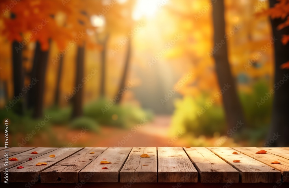 Poster Autumnal forest scene with sunlight. Empty rustic wooden table. Ideal for displaying products advertising Thanksgiving. Natural background with blurred trees. Beautiful orange foliage. Wooden planks