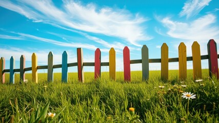 Obraz premium Brightly colored picket fence stands against a vibrant green field and a cheerful blue sky