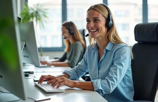 Happy support agent uses tech helpdesk software to answer client tickets. Woman smiles helping clients. Pro support agents work in office. Teamwork provides excellent service. Happy staff essential
