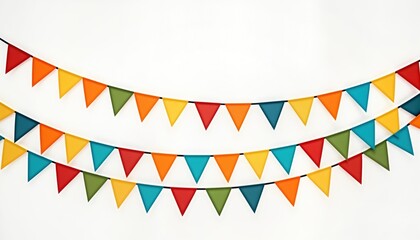 Obraz premium Colorful pennant chain decorates a plain white background. Triangular flags in various hues hang in two rows. Bright colors create a festive atmosphere for parties or celebrations.
