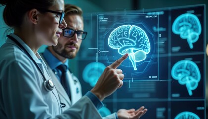 Medical professionals examine brain scan. Doctors analyze hologram of brain anatomy in lab. Futuristic tech used for diagnosis. Modern tech tools in healthcare. Expert team uses advanced imaging