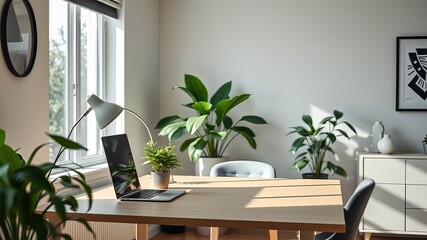 Minimalist Home Office, Green Plants, Bright, Sharp, Photorealistic