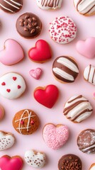 There are numerous varieties of cookies that are beautifully shaped like hearts, and they are set against an attractive pink background. Valentine&rsquo;s Day as a day of giving back