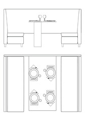 Illustrated Outline of Dining Chairs and Table Set in a Restaurant with white background. Vector Illustration with Front, Side, and Top Views