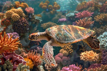 Fototapeta premium Image for 3d floor. Underwater world. Turtle. corals.