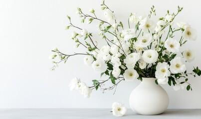 Fototapeta premium Elegant White Flower Arrangement in Minimalist Vase on Light Background
