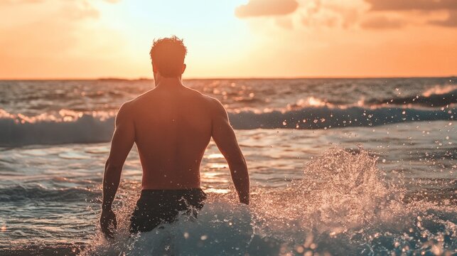 Sunset Serenity: Man Bathing in Ocean Waves