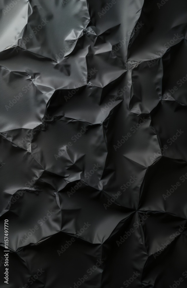 Poster Black crumpled paper texture. Abstract design with folded, creased patterns. Dark material background with vintage style. Detailed view on aged paper surface. Rough, textured surface. Intricate folds