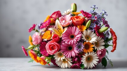 Fototapeta premium Vibrant bouquet of assorted flowers, a colorful arrangement of gerbera daisies, roses, lilies, and other blooms