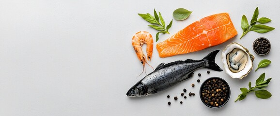 Fresh seafood arrangement with salmon, shrimp, fish, oyster, and peppercorns.