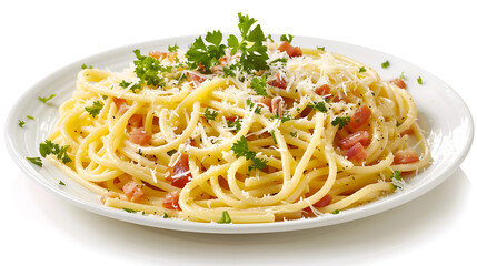 A delicious plate of spaghetti isolated on white background
