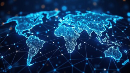 Global Digital Network Connection Concept Representing Earth Map with Glowing Neon Lights and Geometric Patterns for Technology and Communication Applications