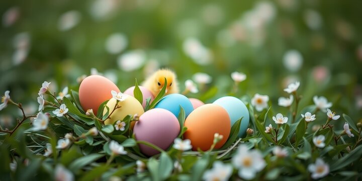 Pastel Eggs and Chickling Nestled in Spring Blossoms