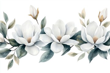 Fototapeta premium Elegant Magnolia Flowers with Green Leaves on White Background for Home Decor