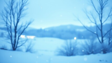 Fototapeta premium Serene Winter Landscape A Soft Focus View of Snow-Covered Ground, Bare Trees, and Distant Lights