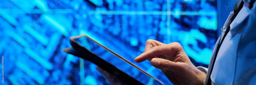 Aufkleber Header of hand of female officer in uniform pointing at screen of tablet while standing in front of camera against graphic data