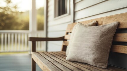 Wooden bench on porch, cozy cushions, inviting ambiance, warm and rustic