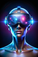 A futuristic VR headset with glowing neon lenses reflecting vibrant cosmic galaxies, symbolizing advanced virtual reality technology