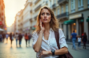 Fototapeta premium Woman checks watch anxiously in city street. Worried about late for work appointment. Urban scene. Busy day. Seems stressed worried. Outdoor setting. Woman looks concerned, hurried. Walks fast.