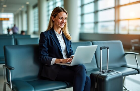 Businesswoman sits on airport bench working on laptop. Smiling woman in business suit uses computer. Travel concept. Modern businesswoman. Airport terminal. Happy businesswoman works waiting. - Powered by Adobe