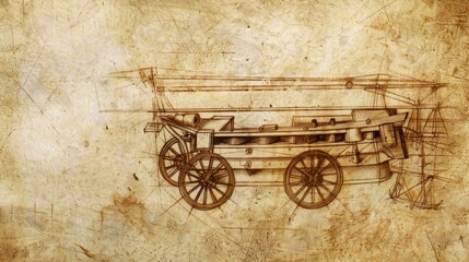 Technical sketch of a vehicle, outlined on old paper.