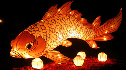 A large illuminated fish lantern with glowing orbs, showcasing festive decoration at night.