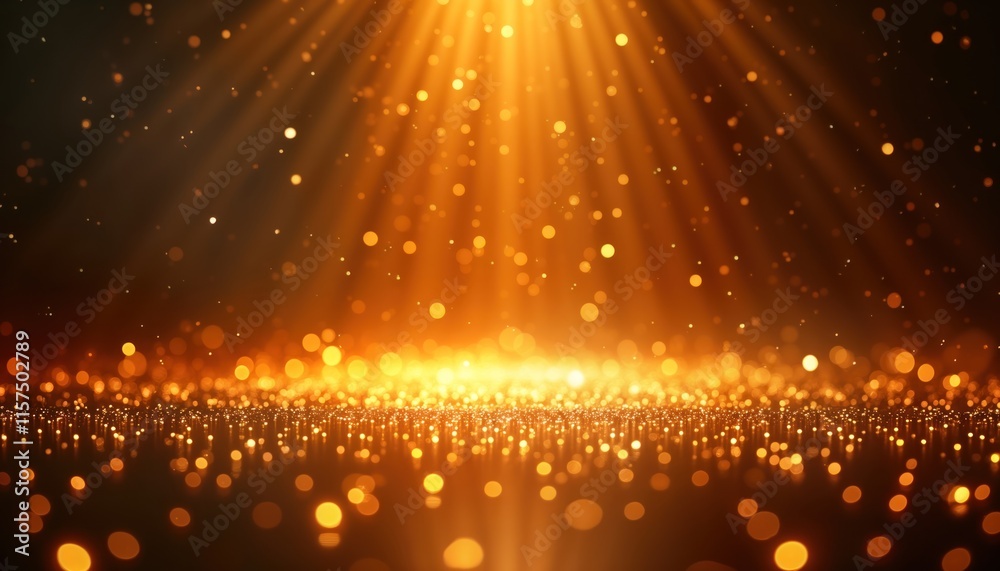 Poster golden light particles shine on black background. abstract design. luxury effect. motion blur create