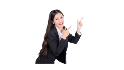 Happy young smiling professional business woman wearing black suit looking at camera pointing finger away at copy space showing aside presenting advertising offer studio shot