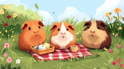 Naklejka premium Three Smiling Guinea Pigs Picnic in Sunny Meadow