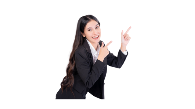 Happy young smiling professional business woman wearing black suit looking at camera pointing finger away at copy space showing aside presenting advertising offer studio shot
