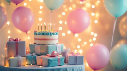 Whimsical birthday party backdrop showcasing a pile of pastel-wrapped presents, floating balloons, a charming cake, and glowing fairy lights.