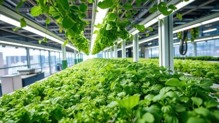 Lush Indoor Vertical Garden with Vibrant Green Leaves, Showcasing Innovative Hydroponic Farming Techniques in a Modern Urban Environment