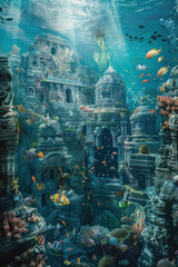 Obraz premium An artistic underwater depiction of an ancient civilization with detailed carvings and vibrant marine life