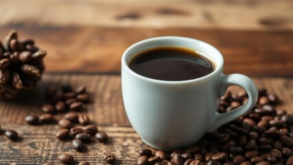 Warm and Inviting Coffee Cup Surrounded by Fresh Coffee Beans on Rustic Wooden Table Perfect for Cozy Morning Vibes or Coffee Shop Atmosphere