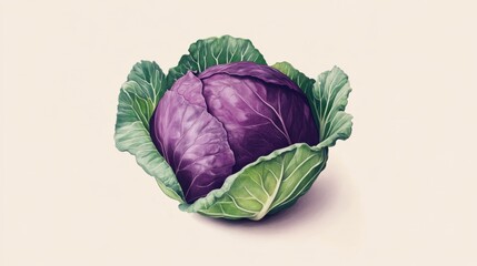 Obraz premium Single Purple Cabbage with Green Leaves on Beige Background