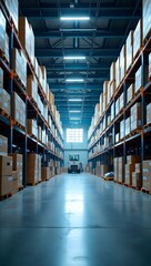 Retail warehouse full of shelves with goods in cartons, with pallets and forklifts. Logistics and transportation background. Product distribution center.