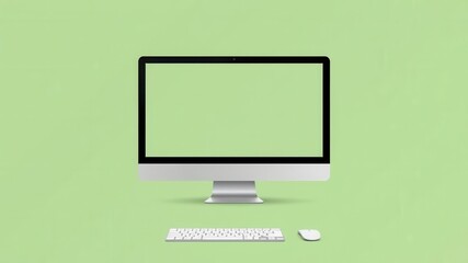 Modern computer setup featuring an empty monitor display on a green background, accompanied by a sleek keyboard and mouse for a minimalist workspace aesthetic