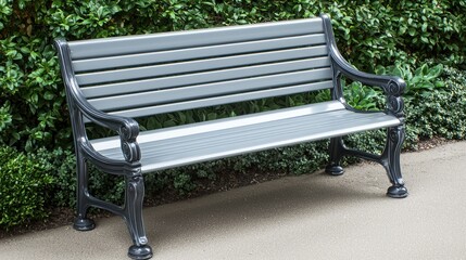 A gray park bench set against a green hedge backdrop.