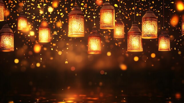 An enchanting Thai cultural festival background featuring golden lanterns floating in a dark brown sky, intricate kanok patterns.
