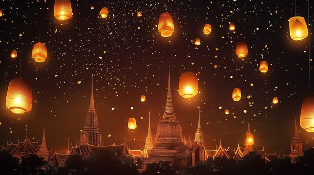 An enchanting Thai cultural festival background featuring golden lanterns floating in a dark brown sky, intricate kanok patterns.
