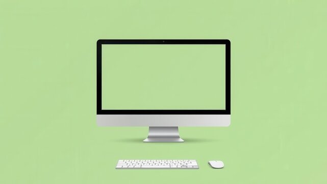 Modern computer setup featuring an empty monitor display on a green background, accompanied by a sleek keyboard and mouse for a minimalist workspace aesthetic