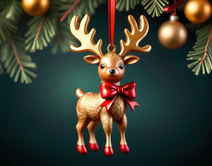 A tiny reindeer ornament with golden antlers and a festive red bow. Christmas toys. Generative AI
